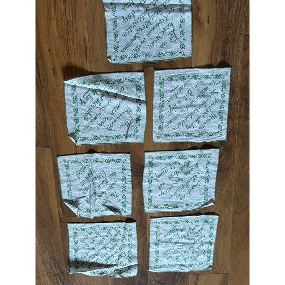 Vintage  Irish Linen Cocktail Napkins With Green  Wine & Whiskey Quotes Set Of 7 - Picture 1 of 10